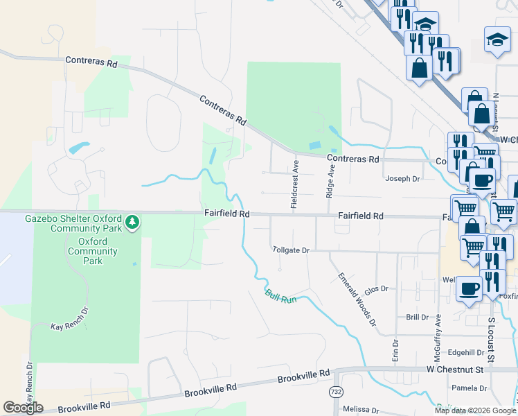 map of restaurants, bars, coffee shops, grocery stores, and more near 6314 Fairfield Road in Oxford