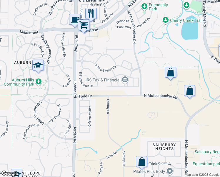 map of restaurants, bars, coffee shops, grocery stores, and more near 17286 Bluetrail Avenue in Parker
