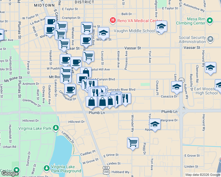 map of restaurants, bars, coffee shops, grocery stores, and more near 565 Colorado River Boulevard in Reno