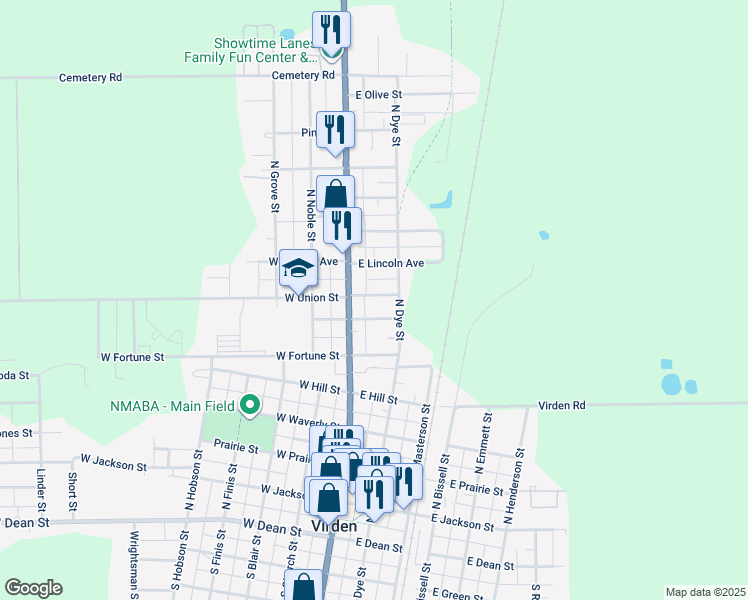 map of restaurants, bars, coffee shops, grocery stores, and more near 130 East Union Avenue in Virden