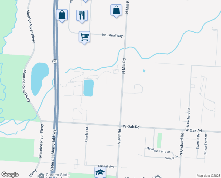 map of restaurants, bars, coffee shops, grocery stores, and more near 1400 North Mill Road in Vineland