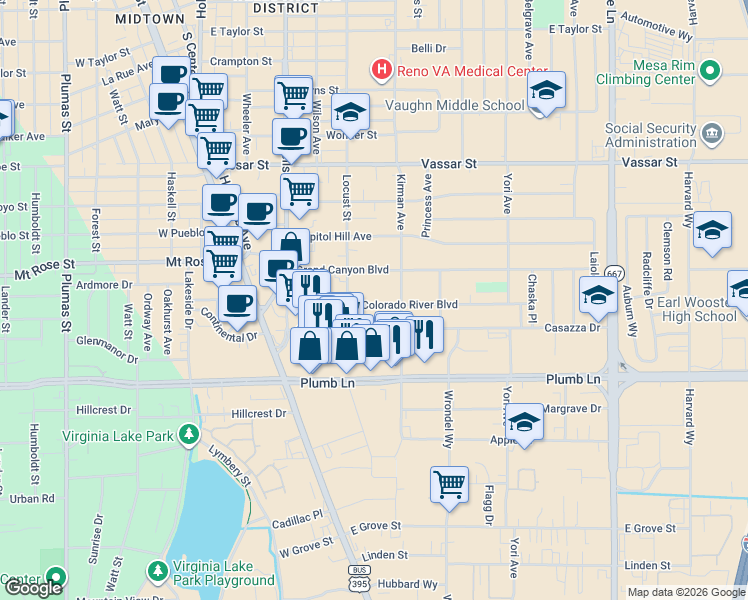 map of restaurants, bars, coffee shops, grocery stores, and more near 565 Colorado River Boulevard in Reno