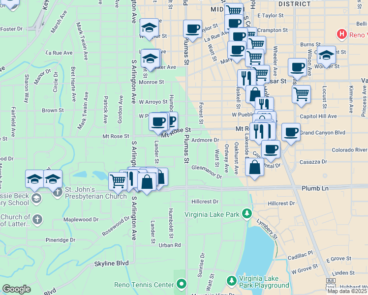 map of restaurants, bars, coffee shops, grocery stores, and more near 1610 Plumas Street in Reno