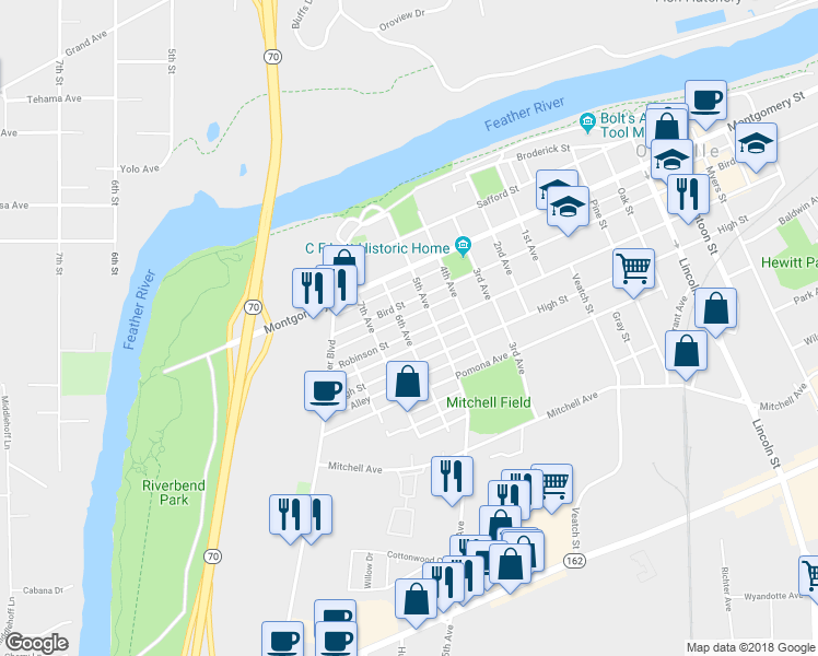 map of restaurants, bars, coffee shops, grocery stores, and more near 1454 6th Avenue in Oroville