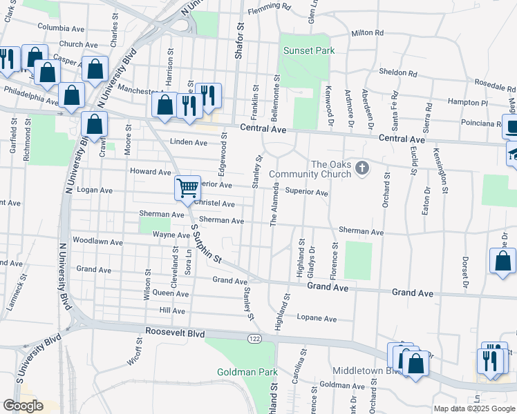 map of restaurants, bars, coffee shops, grocery stores, and more near 400 Stanley Street in Middletown