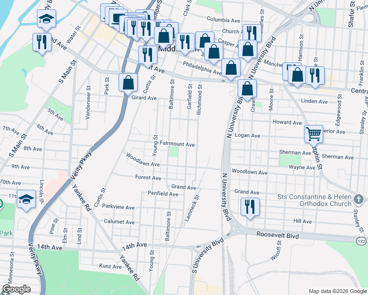 map of restaurants, bars, coffee shops, grocery stores, and more near 500 Garfield Street in Middletown
