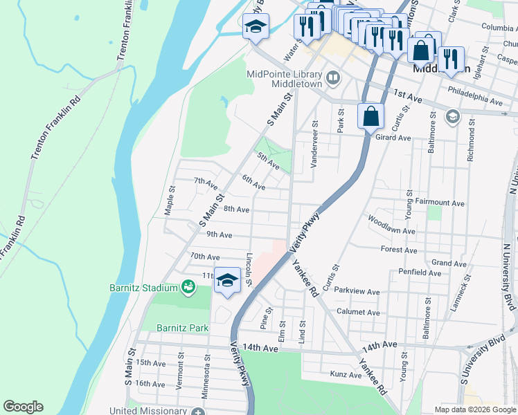map of restaurants, bars, coffee shops, grocery stores, and more near 909 8th Avenue in Middletown