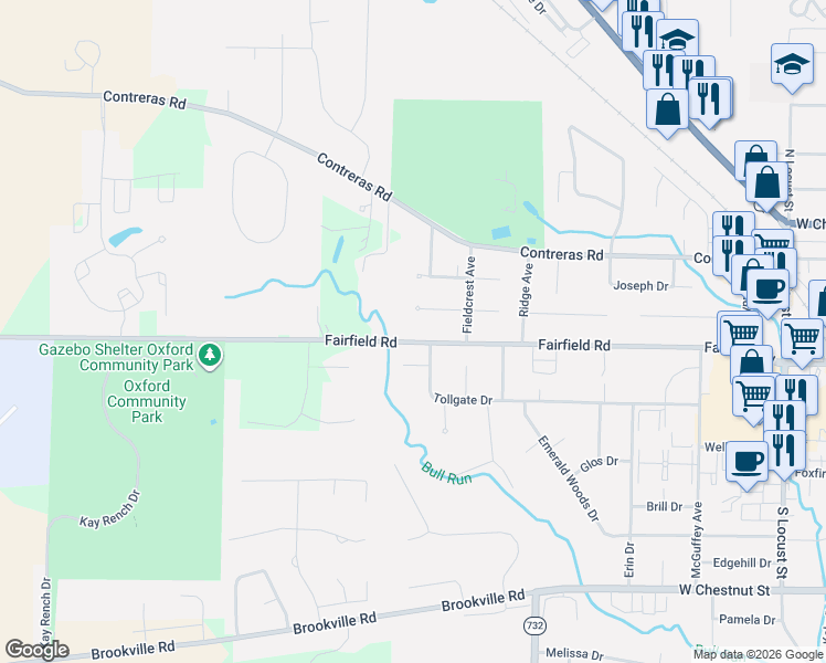 map of restaurants, bars, coffee shops, grocery stores, and more near 6314 Fairfield Road in Oxford