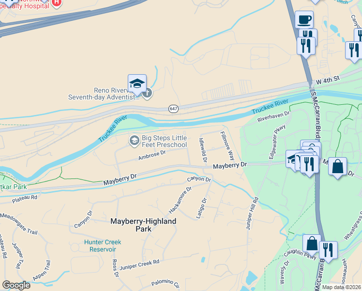 map of restaurants, bars, coffee shops, grocery stores, and more near 4901 Ambrose Drive in Reno