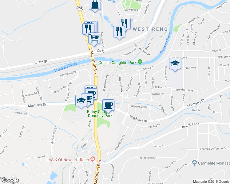 map of restaurants, bars, coffee shops, grocery stores, and more near 1273 Creekhaven Circle in Reno