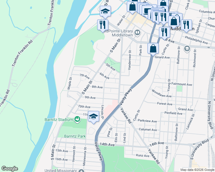 map of restaurants, bars, coffee shops, grocery stores, and more near 909 8th Avenue in Middletown