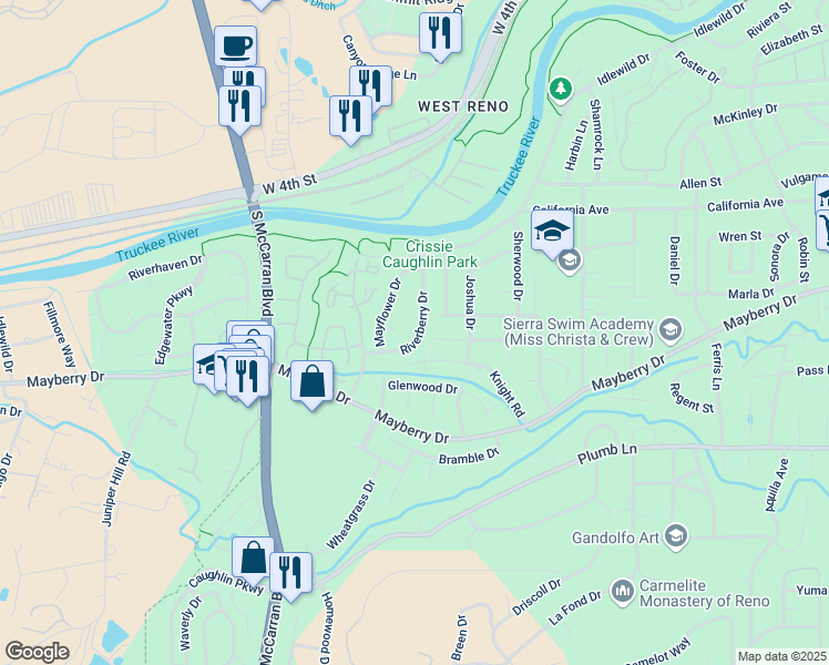 map of restaurants, bars, coffee shops, grocery stores, and more near 1135 Riverberry Drive in Reno