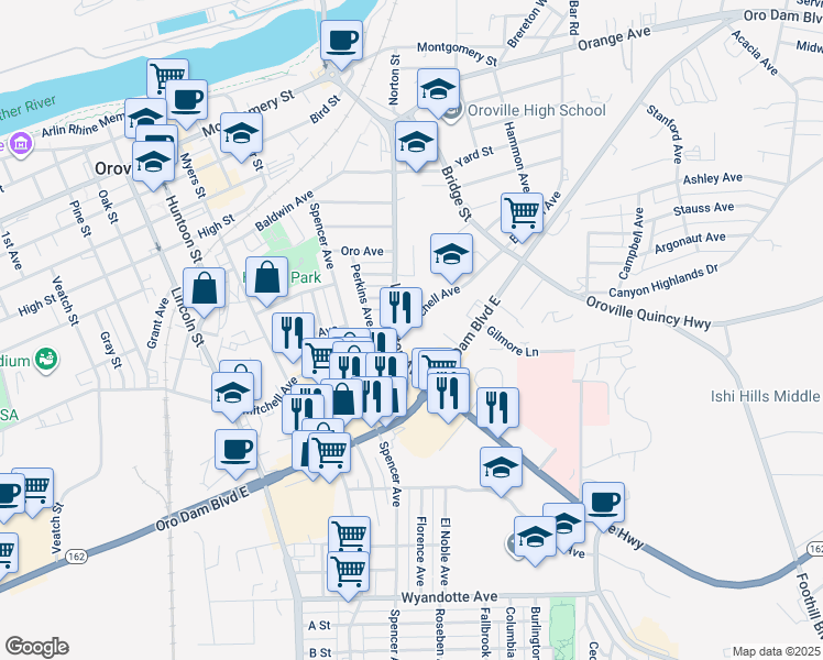 map of restaurants, bars, coffee shops, grocery stores, and more near 2721 Mitchell Avenue in Oroville