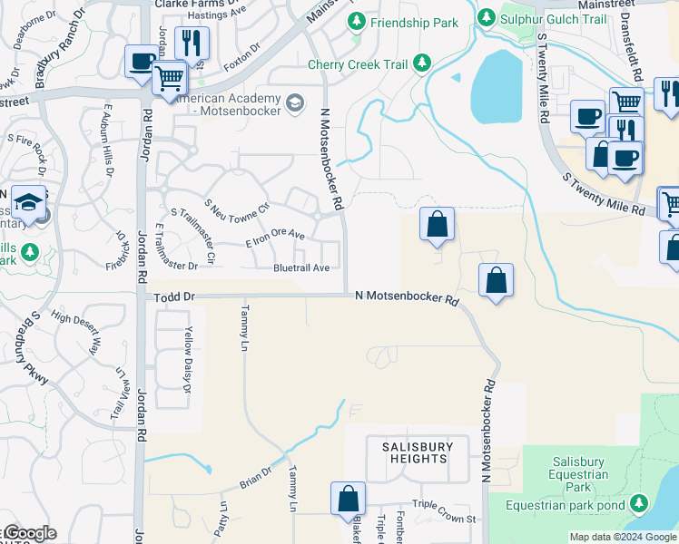 map of restaurants, bars, coffee shops, grocery stores, and more near 17616 Bluetrail Avenue in Parker