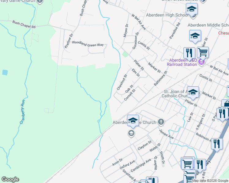 map of restaurants, bars, coffee shops, grocery stores, and more near 504 Chestnut Street in Aberdeen