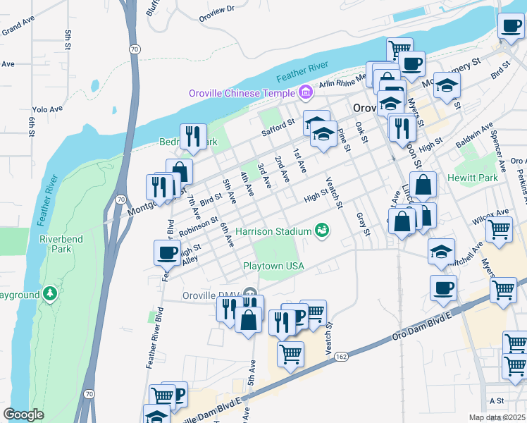 map of restaurants, bars, coffee shops, grocery stores, and more near 1551 4th Avenue in Oroville
