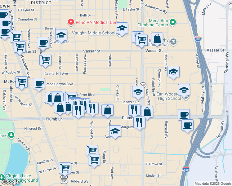 map of restaurants, bars, coffee shops, grocery stores, and more near 1695 Chaska Place in Reno