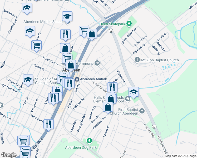 map of restaurants, bars, coffee shops, grocery stores, and more near 6 Post Road in Aberdeen
