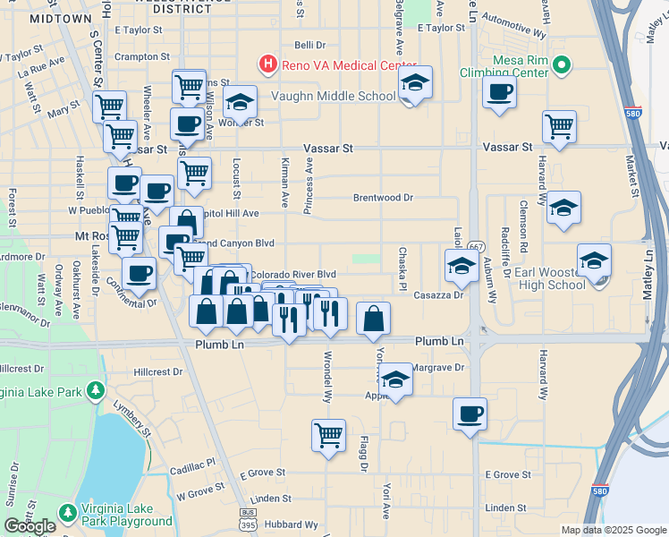 map of restaurants, bars, coffee shops, grocery stores, and more near 725 Colorado River Boulevard in Reno