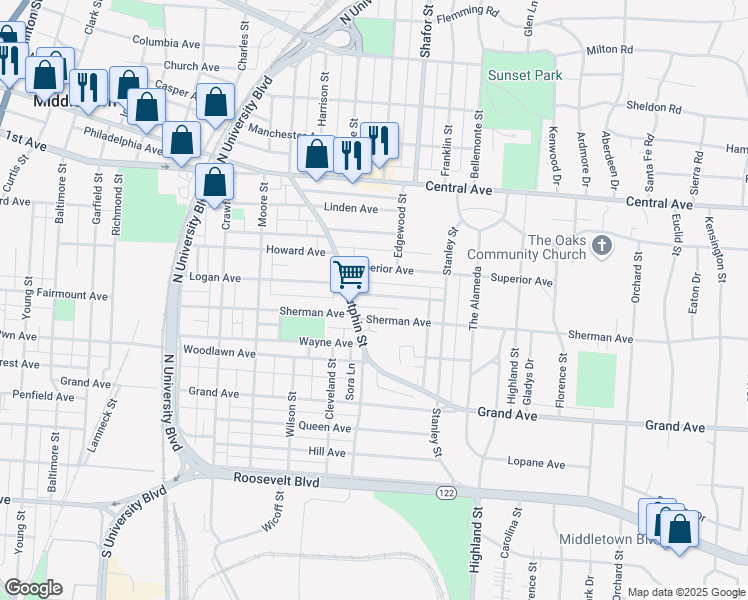 map of restaurants, bars, coffee shops, grocery stores, and more near 2210 Christel Avenue in Middletown