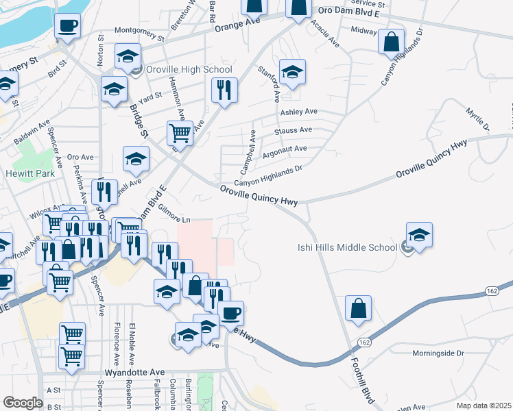 map of restaurants, bars, coffee shops, grocery stores, and more near 2360 Oroville Quincy Highway in Oroville