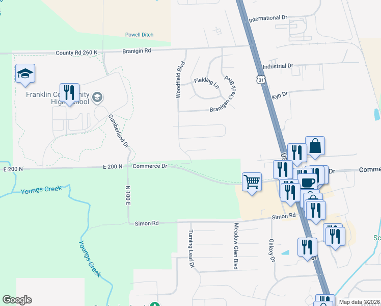 map of restaurants, bars, coffee shops, grocery stores, and more near 2415 Woodfield Boulevard in Franklin