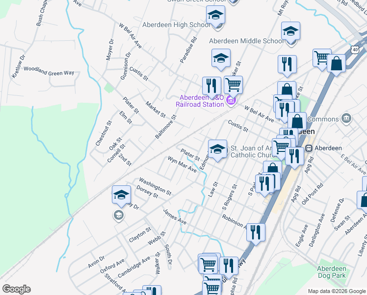 map of restaurants, bars, coffee shops, grocery stores, and more near 430 Lorraine Street in Aberdeen