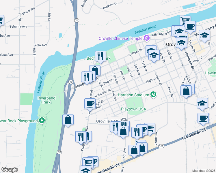 map of restaurants, bars, coffee shops, grocery stores, and more near 1454 6th Avenue in Oroville