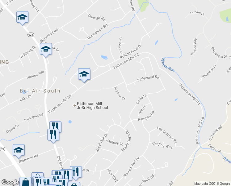 map of restaurants, bars, coffee shops, grocery stores, and more near 1804 Bayonne Court in Bel Air