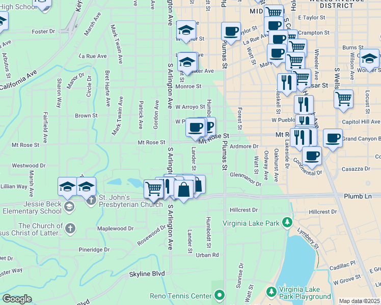 map of restaurants, bars, coffee shops, grocery stores, and more near 1575 Lander St in Reno
