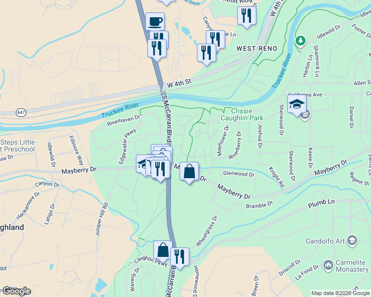map of restaurants, bars, coffee shops, grocery stores, and more near 1270 Bridlewood Way in Reno