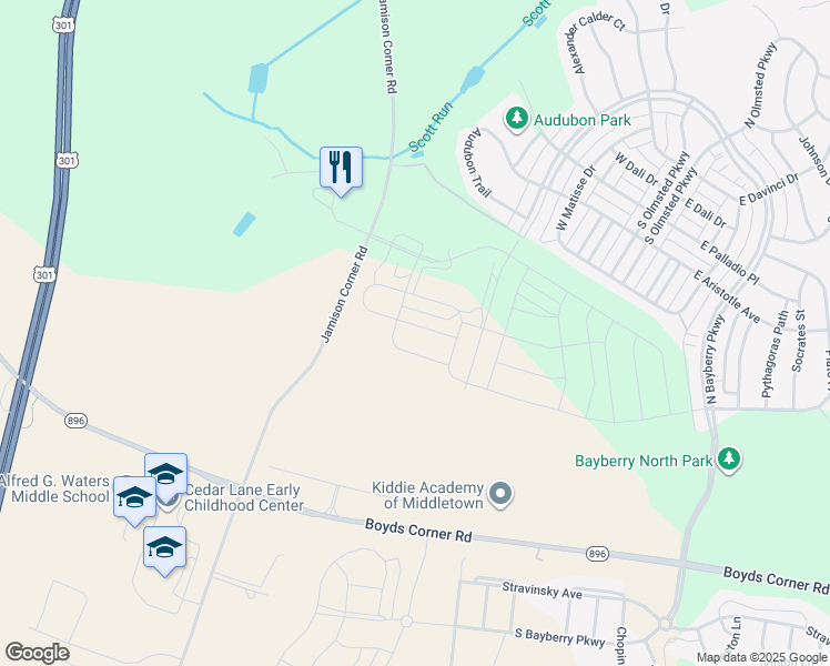 map of restaurants, bars, coffee shops, grocery stores, and more near 1242 East Fairlight Drive in Middletown