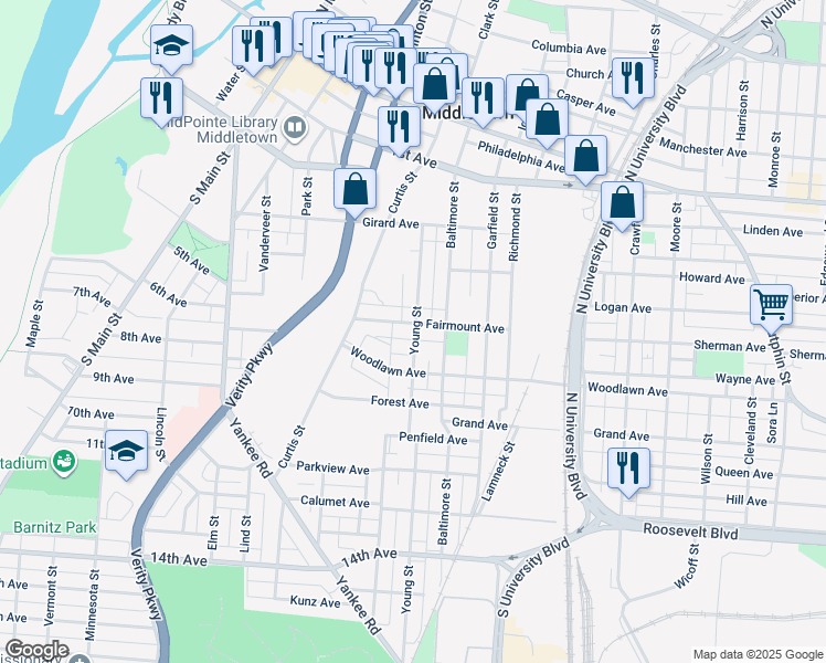 map of restaurants, bars, coffee shops, grocery stores, and more near 1332 Fairmount Avenue in Middletown