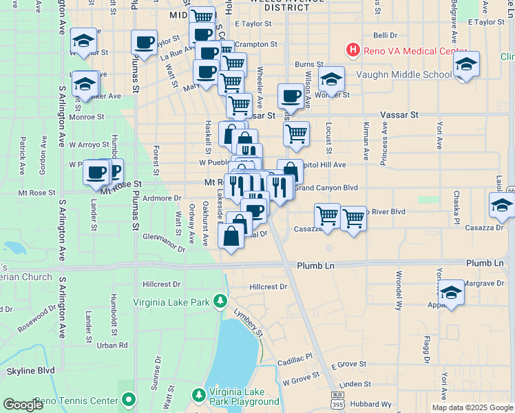 map of restaurants, bars, coffee shops, grocery stores, and more near 1599 South Virginia Street in Reno