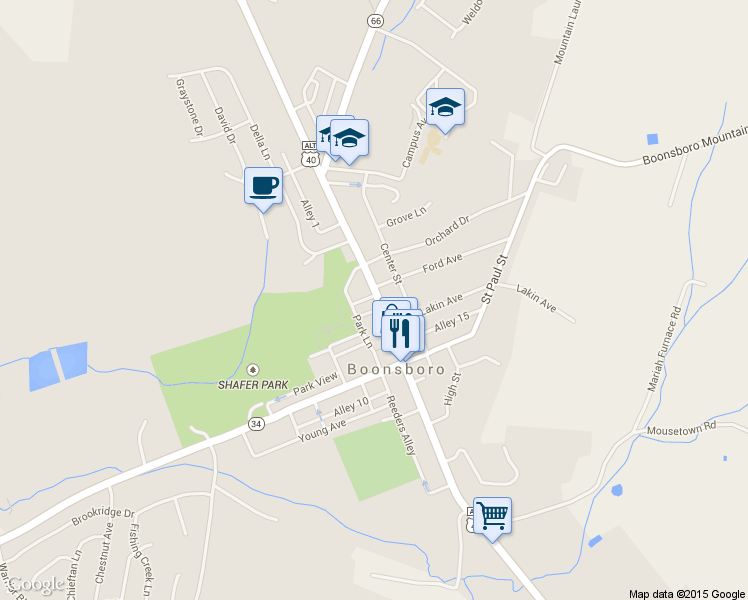 map of restaurants, bars, coffee shops, grocery stores, and more near 120 North Main Street in Boonsboro