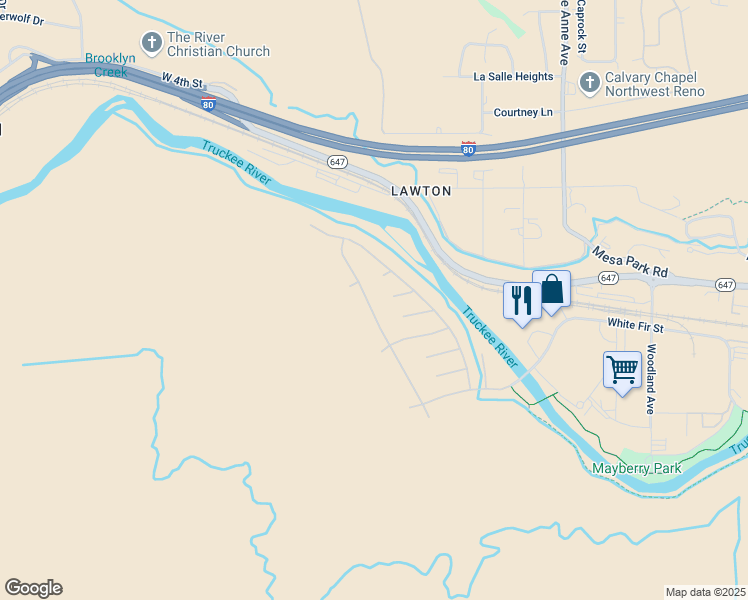 map of restaurants, bars, coffee shops, grocery stores, and more near 230 River Flow Drive in Reno
