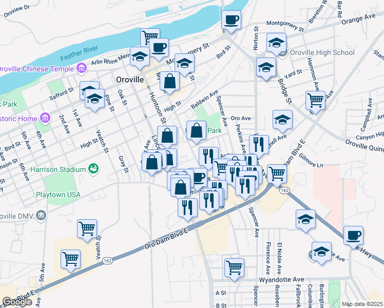 map of restaurants, bars, coffee shops, grocery stores, and more near 2136 State Highway 70 Bus in Oroville