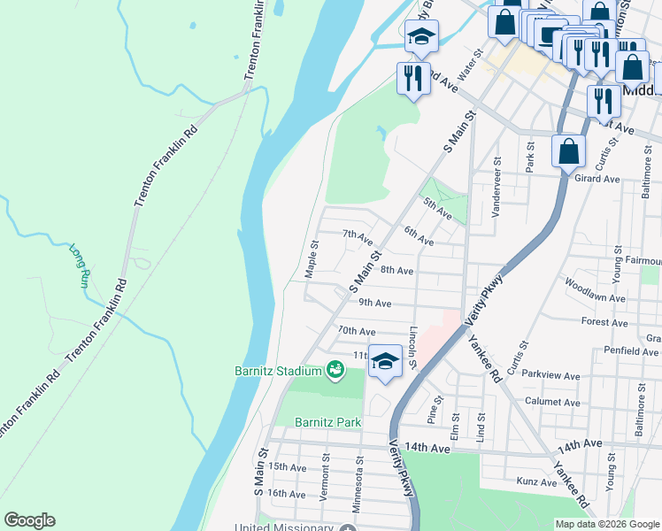 map of restaurants, bars, coffee shops, grocery stores, and more near 720 Poplar Street in Middletown