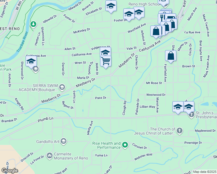 map of restaurants, bars, coffee shops, grocery stores, and more near 1235 Hunter Lake Drive in Reno