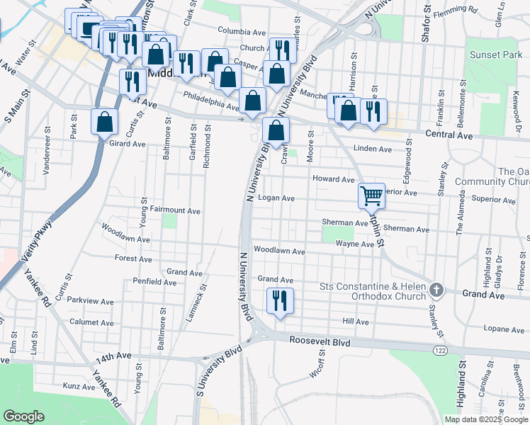 map of restaurants, bars, coffee shops, grocery stores, and more near 1819 Sherman Avenue in Middletown