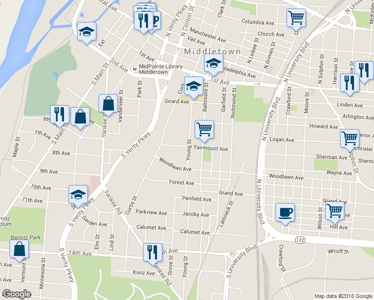map of restaurants, bars, coffee shops, grocery stores, and more near 1332 Fairmount Ave in Middletown