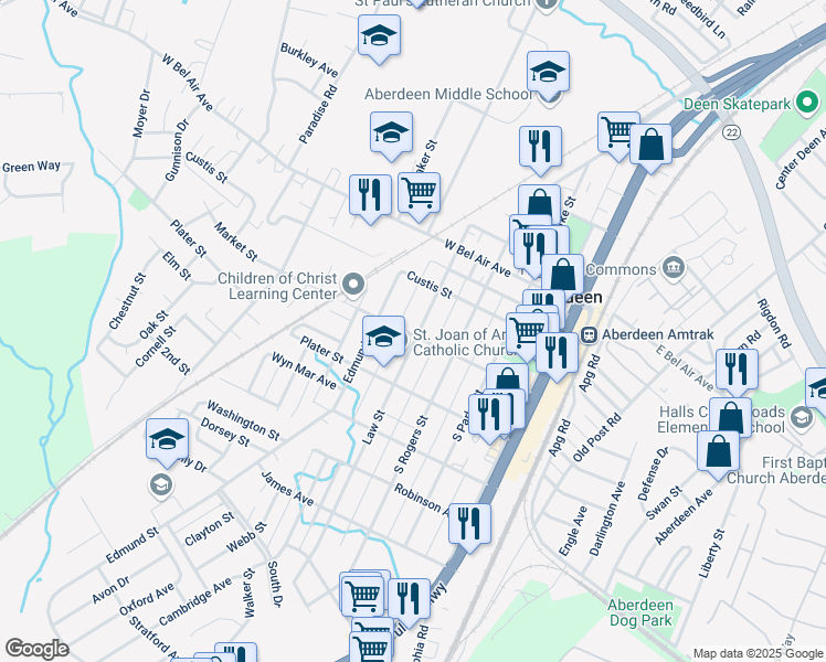 map of restaurants, bars, coffee shops, grocery stores, and more near 140 South Law Street in Aberdeen