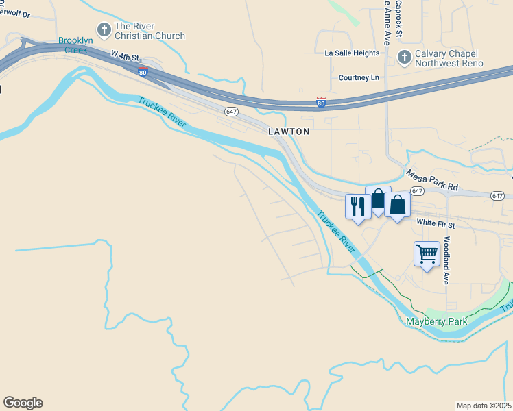map of restaurants, bars, coffee shops, grocery stores, and more near 230 River Flow Drive in Reno