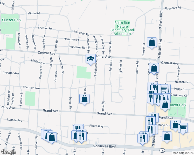 map of restaurants, bars, coffee shops, grocery stores, and more near 209 South Highview Road in Middletown