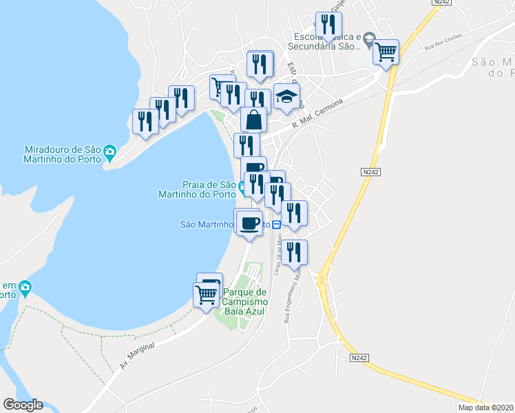 map of restaurants, bars, coffee shops, grocery stores, and more near 26I Avenida Marginal in São Martinho do Porto