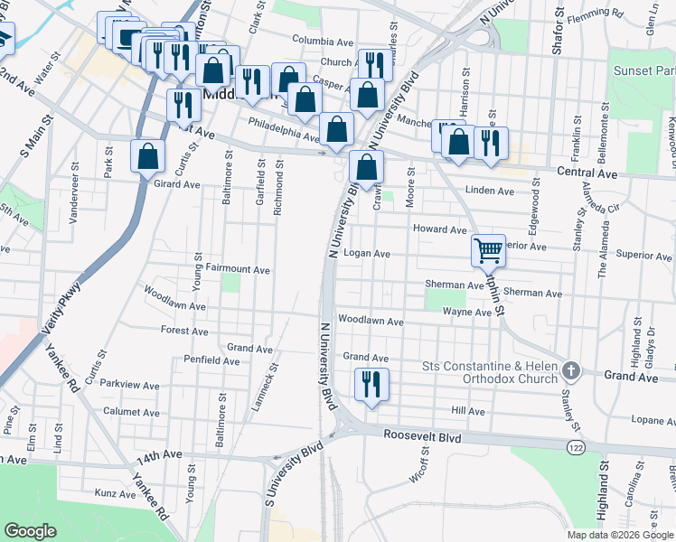 map of restaurants, bars, coffee shops, grocery stores, and more near 1819 Sherman Avenue in Middletown