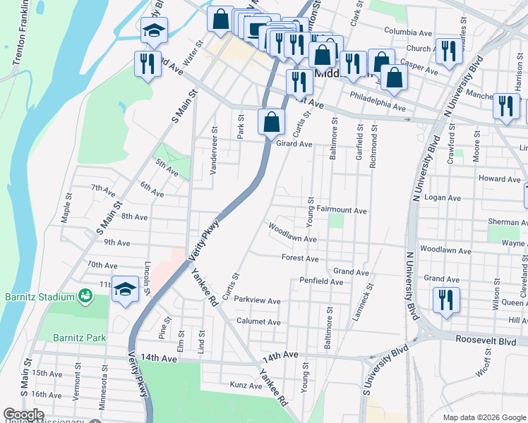 map of restaurants, bars, coffee shops, grocery stores, and more near 504 Curtis Street in Middletown