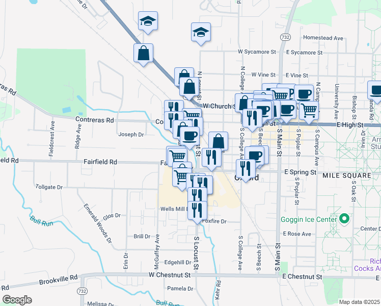 map of restaurants, bars, coffee shops, grocery stores, and more near 120 South Locust Street in Oxford