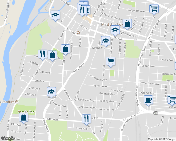 map of restaurants, bars, coffee shops, grocery stores, and more near 504 Curtis Street in Middletown
