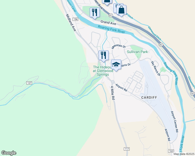 map of restaurants, bars, coffee shops, grocery stores, and more near 1293 County Road 117 in Glenwood Springs